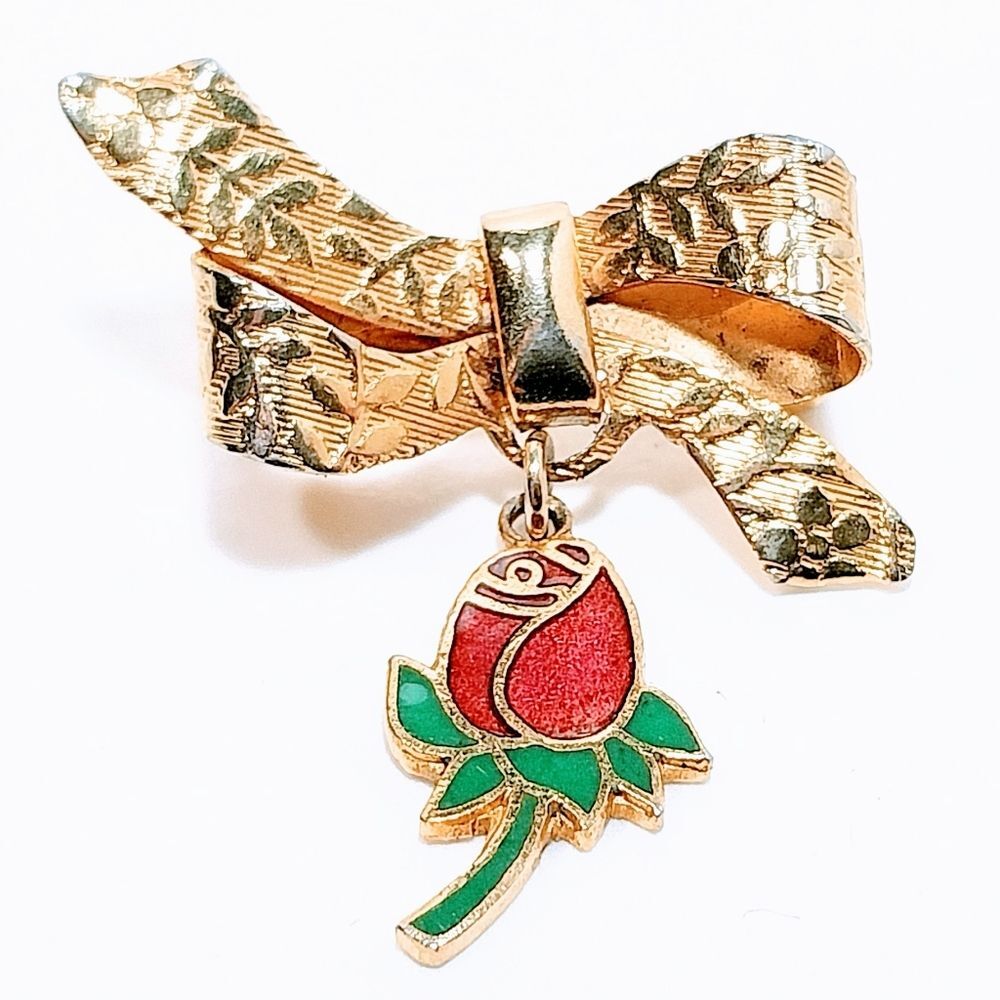 Bow With Hanging Rose Pin/Brooch Gold Tone (CUTE) #1280